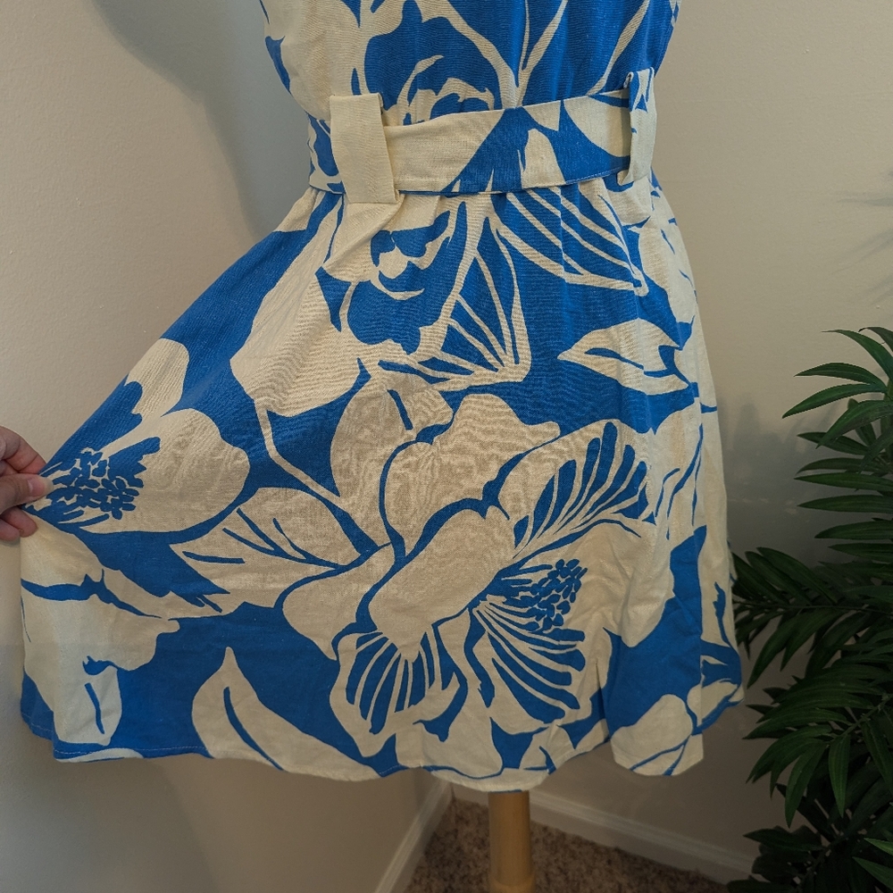 OneTheLand Tropical Floral Print Linen Button Up Mini Dress Blue White Medium - Picture 10 of 12